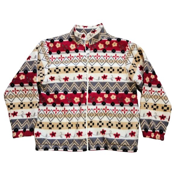 Vtg Alfred Dunner Aztec Fleece Jacket Women PS Floral Cottagecore Boho Red Beige - Picture 1 of 9